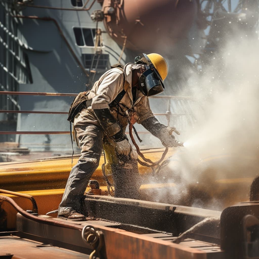 man working with a powerful sandblasting machine that removes rust from a shipyard